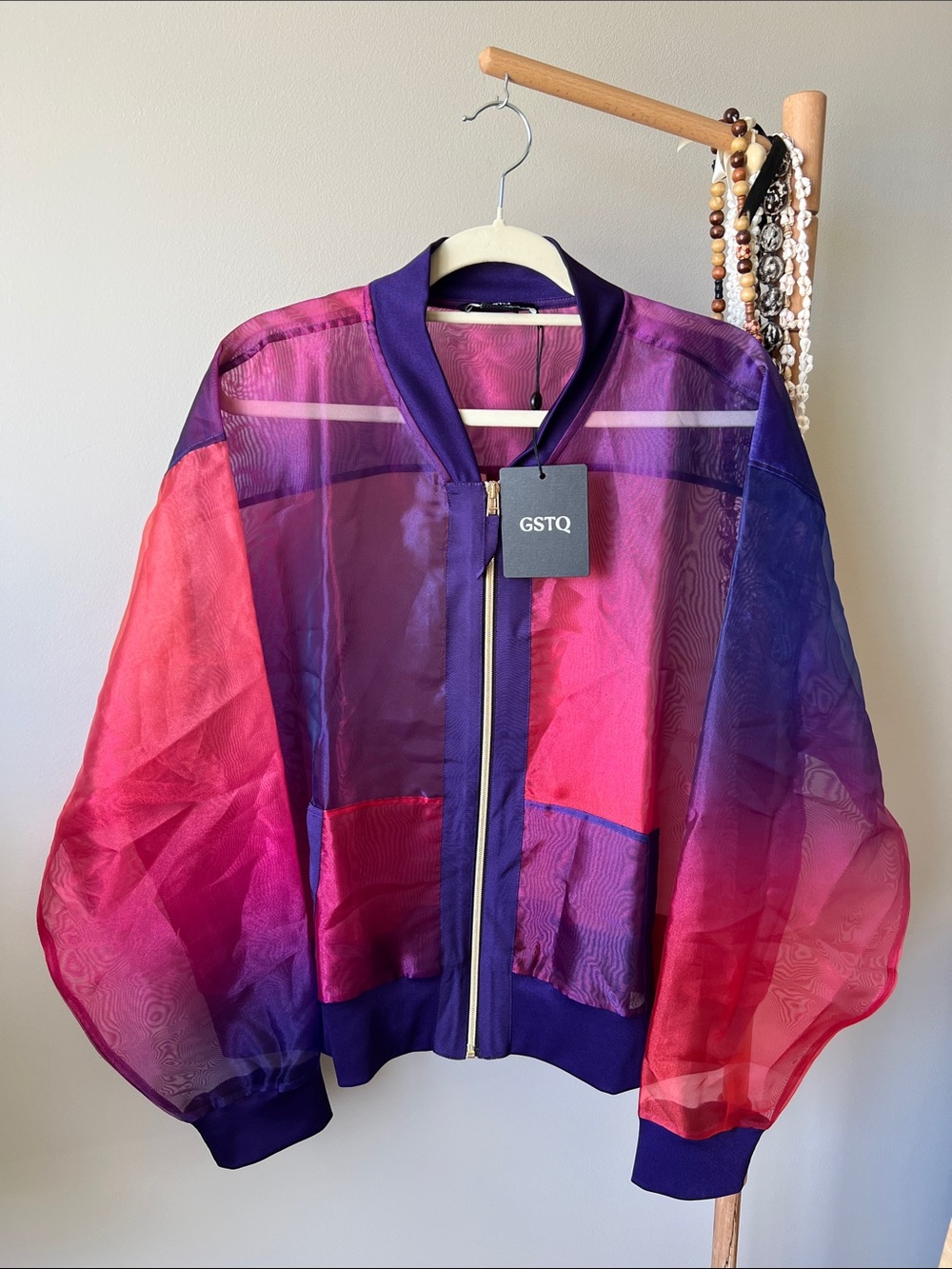 GSTQ Sunset Sheer Purple-Pink Gradient Bomber Jacket Womens 3X